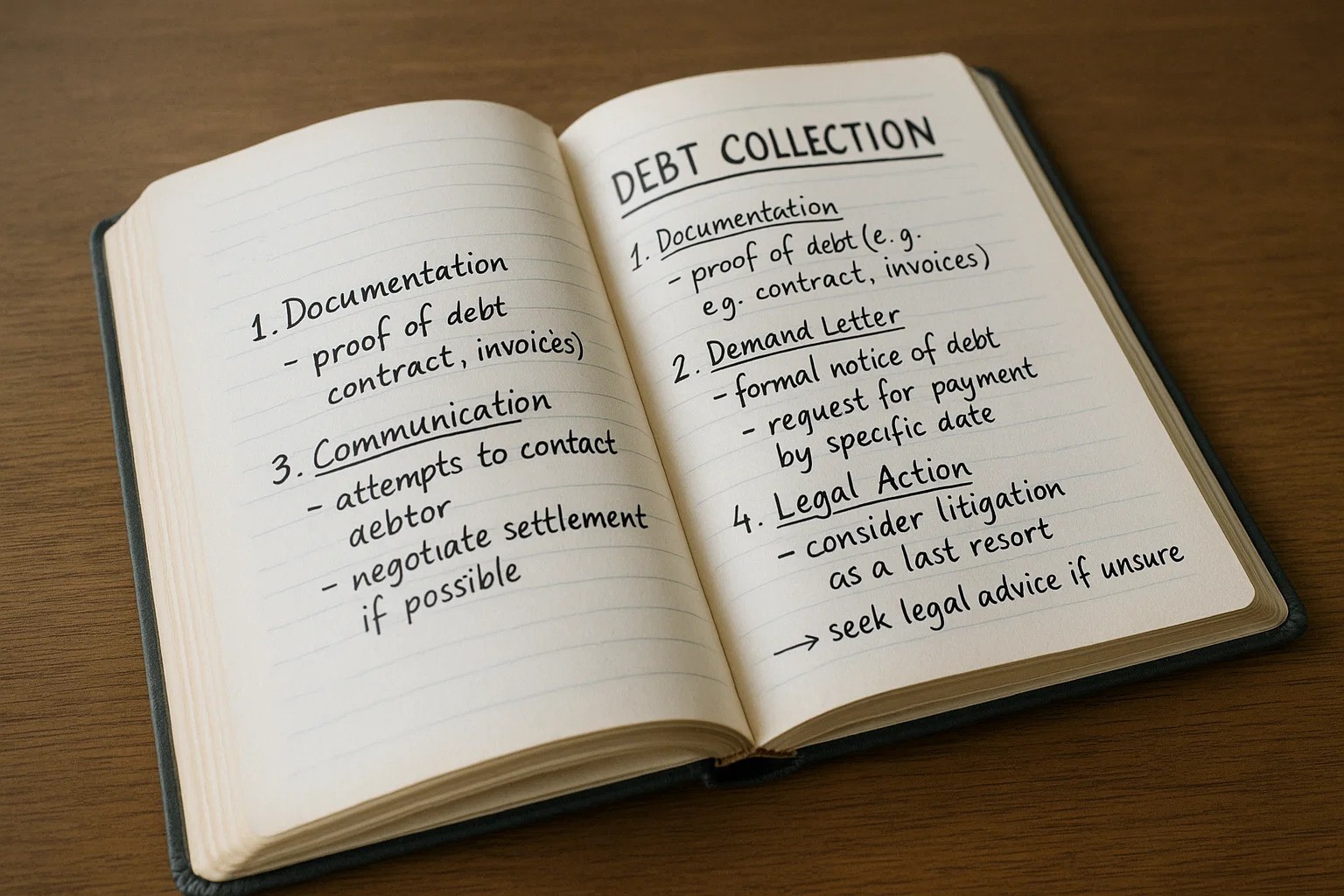 Open book with notes on debt collection