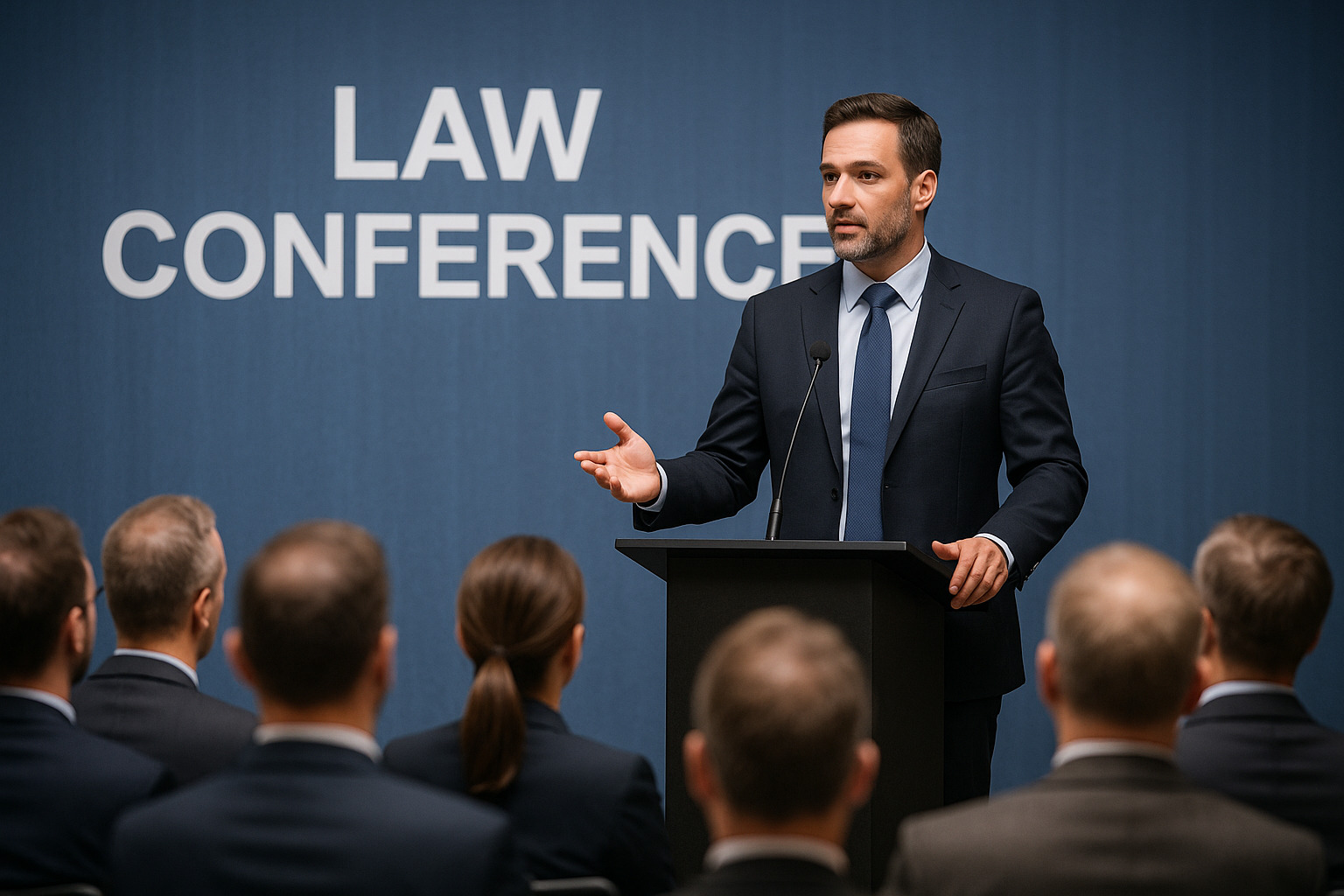 Speaker on stage at a law conference